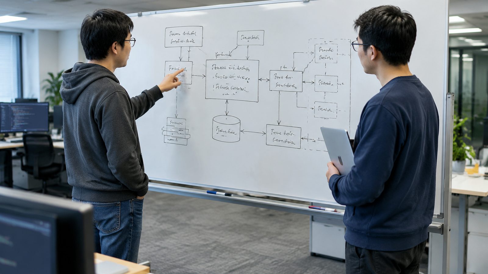 内部审批流程系统：白板上的系统模块草图与讲解